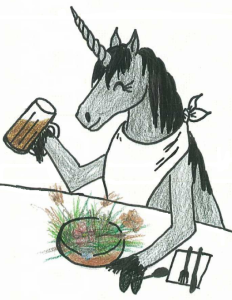 Unicorn enjoys iced tea and a grass salad. 
